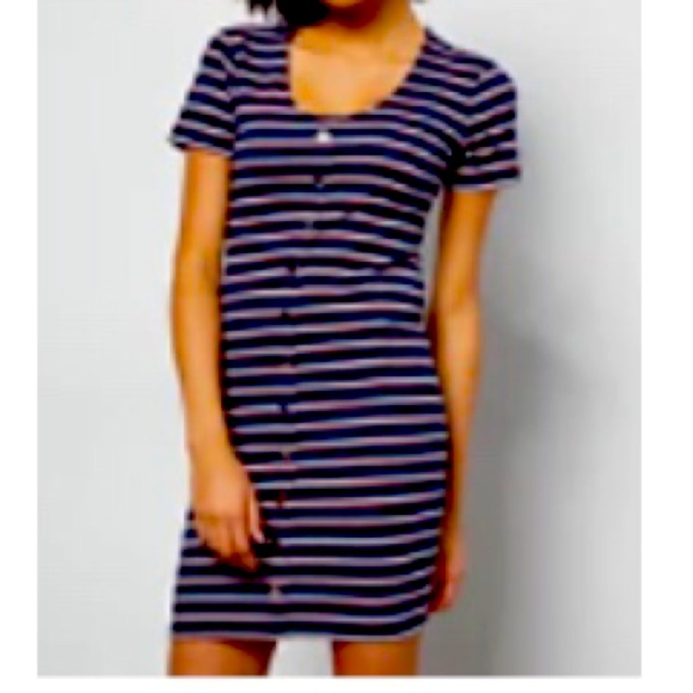 New Navy Striped Button Down Ribbed Knit Dress